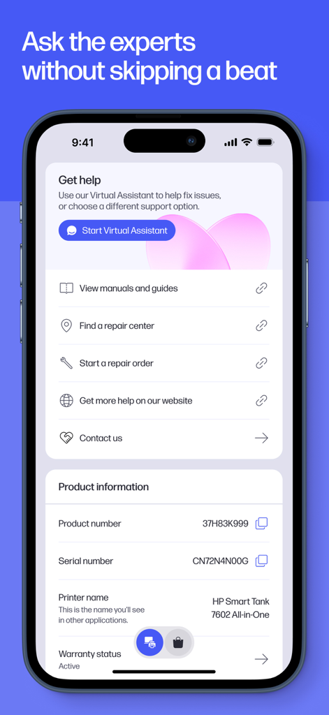 HP app support screen showing help options and printer product details