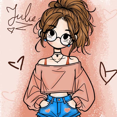 girl with a messy ponytail glasses a baggy crop top and jean shorts