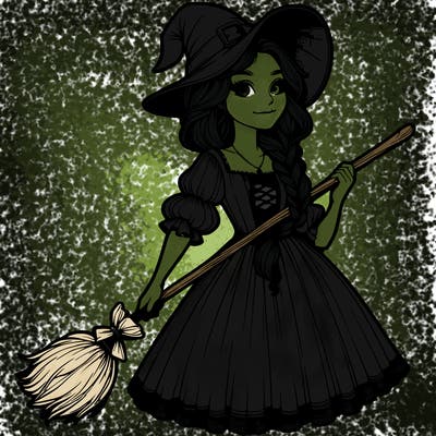 realistic detailed witch wearing a dress holding a broomstick wearing a hat with a side braid with a face