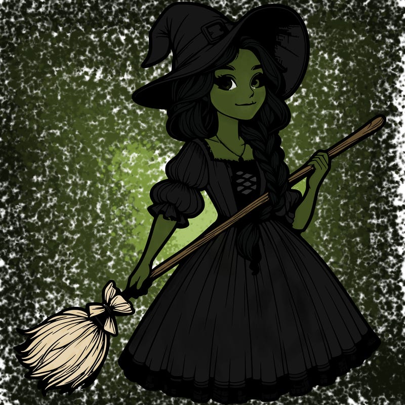realistic detailed witch wearing a dress holding a broomstick wearing a hat with a side braid with a face