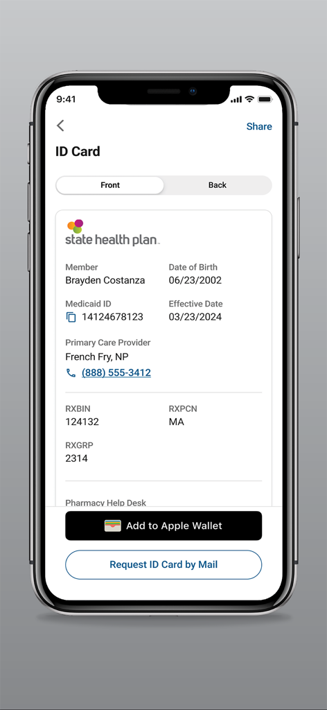 Digital health insurance card screen with options to add to Apple Wallet or request by mail