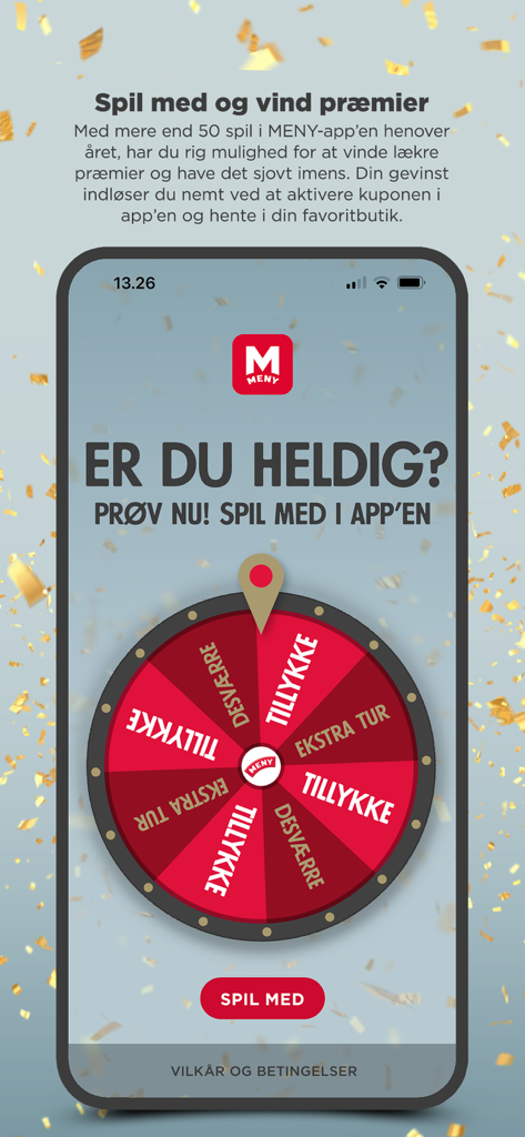 MENY Danmark - MENY Danmarkアプリ内のゲーム化されたスピンホイール。当選オプションが表示されています。