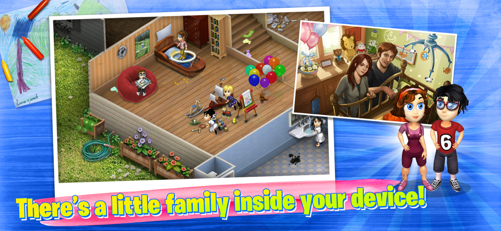 Virtual Families 2 Dream House - Captura de pantalla del juego de Virtual Families 2 que muestra un interior de casa decorado y un retrato familiar insertado.