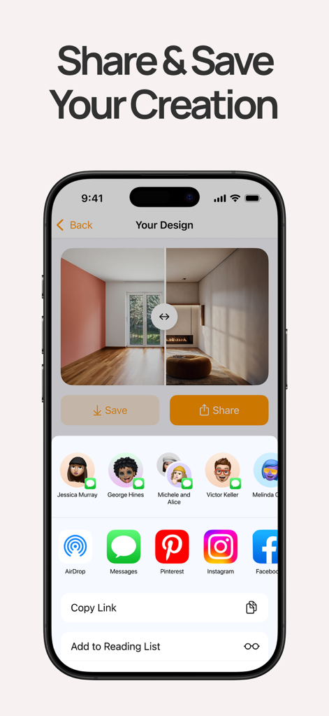 Écran d'iPhone de l'application Aalto montrant les options pour partager et enregistrer un design d'intérieur généré par IA avec des icônes de médias sociaux