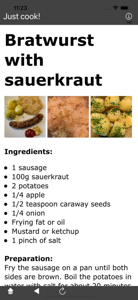 Recipe screen for Bratwurst with sauerkraut in the Just cook app