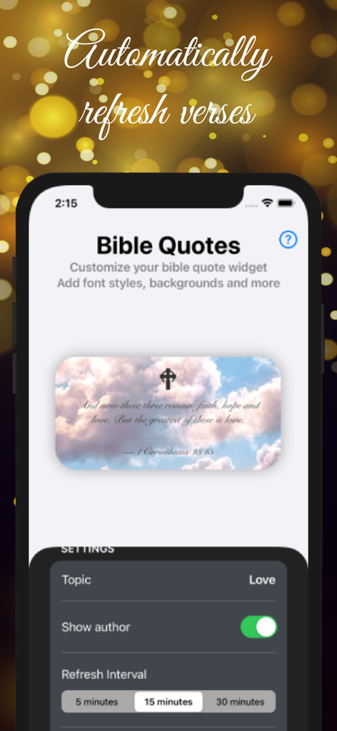 Bible Quotes Widgets app screen showing automatic verse refresh settings and customization options