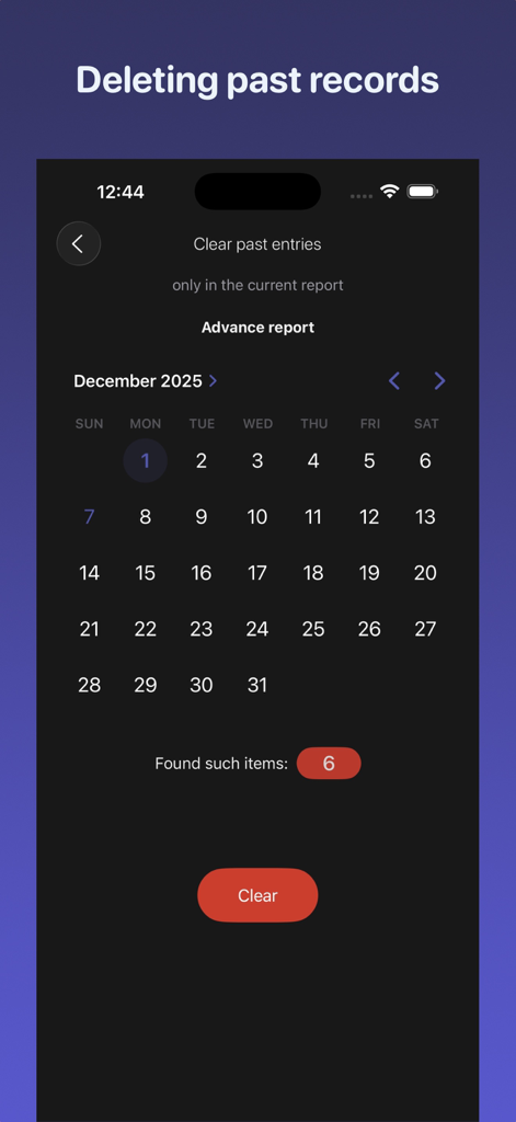 Benutzeroberfläche zum Löschen vergangener Einträge aus einem Spesenbericht durch Auswahl von Daten in einem Kalender