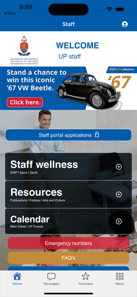 UP Mobile App - Dashboard del portale del personale dell'app mobile dell'Università di Pretoria