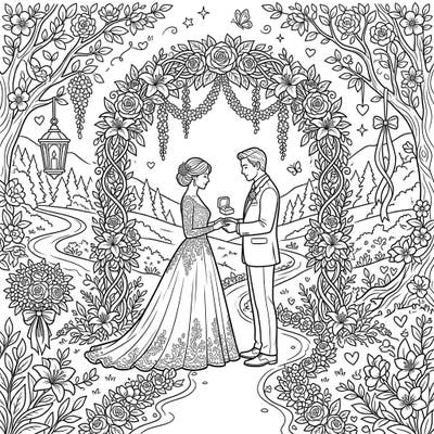 Immerse yourself in a beautiful Hidden Valley Wedding scene, perfect for a romantic coloring escape. This intricate page features a loving couple beneath a stunning floral arch, set against a picturesque natural landscape.