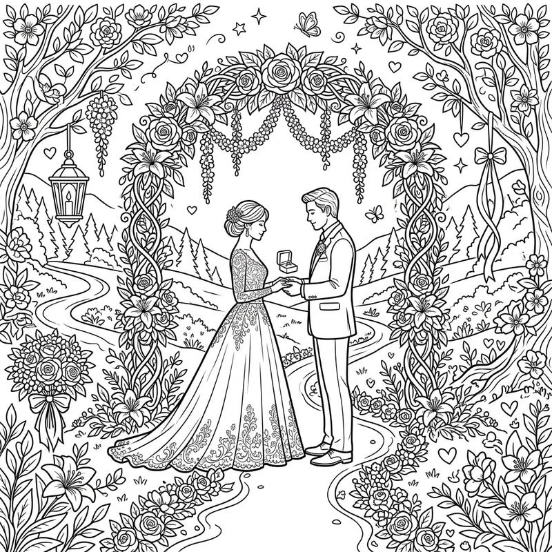 Immerse yourself in a beautiful Hidden Valley Wedding scene, perfect for a romantic coloring escape. This intricate page features a loving couple beneath a stunning floral arch, set against a picturesque natural landscape.
