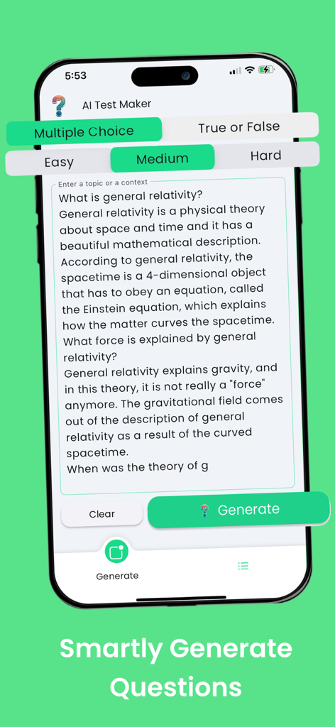 Quizziz: Quiz Maker Ai - AI-powered test maker interface for Quizziz app showing quiz generation settings and a topic input field about general relativity.