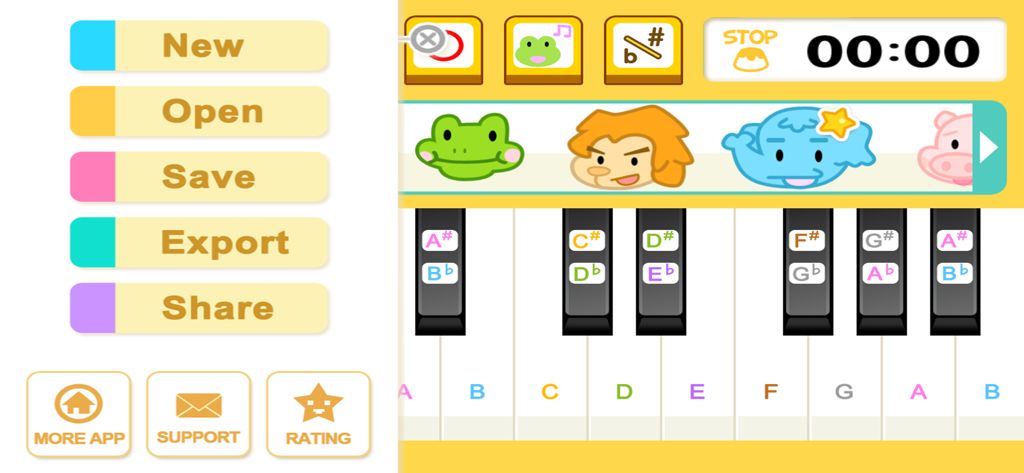 Interface de l'application Animal Piano Mix montrant le menu principal aux côtés d'un clavier musical coloré avec des icônes d'animaux