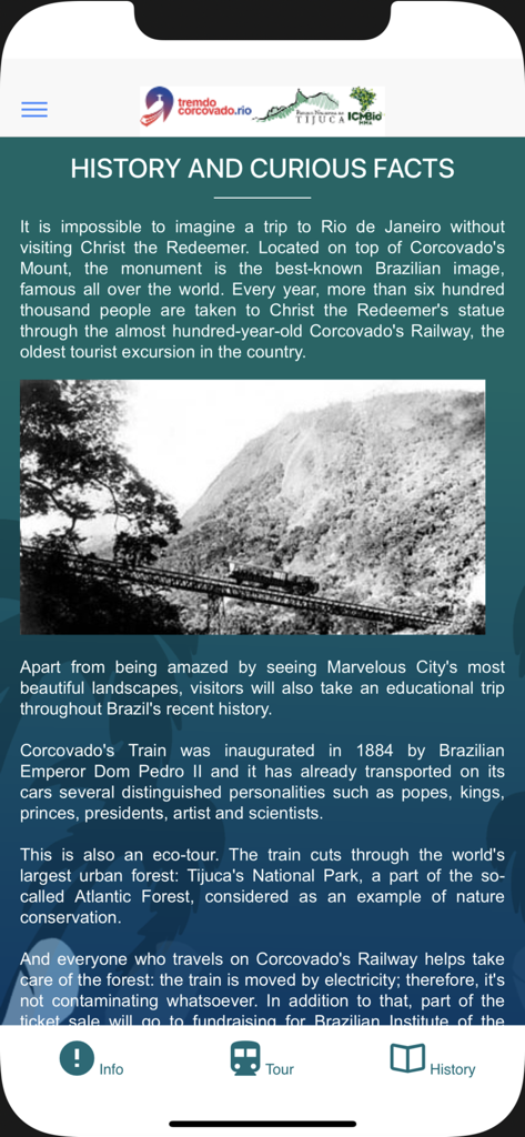Trem do Corcovado - Oficial - Pagina di storia e fatti dell'app ufficiale Trem do Corcovado che mostra una foto di un treno vintage