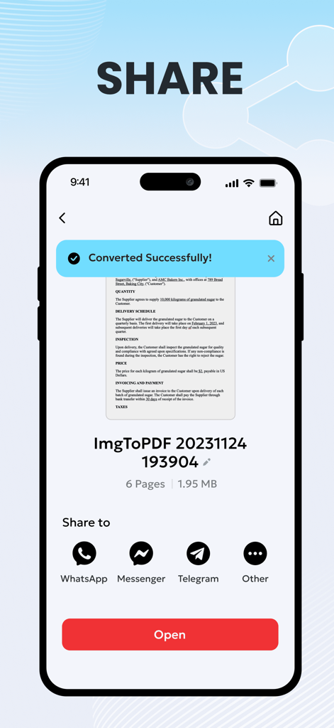 PDF Converter , Photo to PDF - Un'interfaccia mobile che mostra un documento PDF convertito con successo con opzioni per condividerlo tramite WhatsApp e Messenger