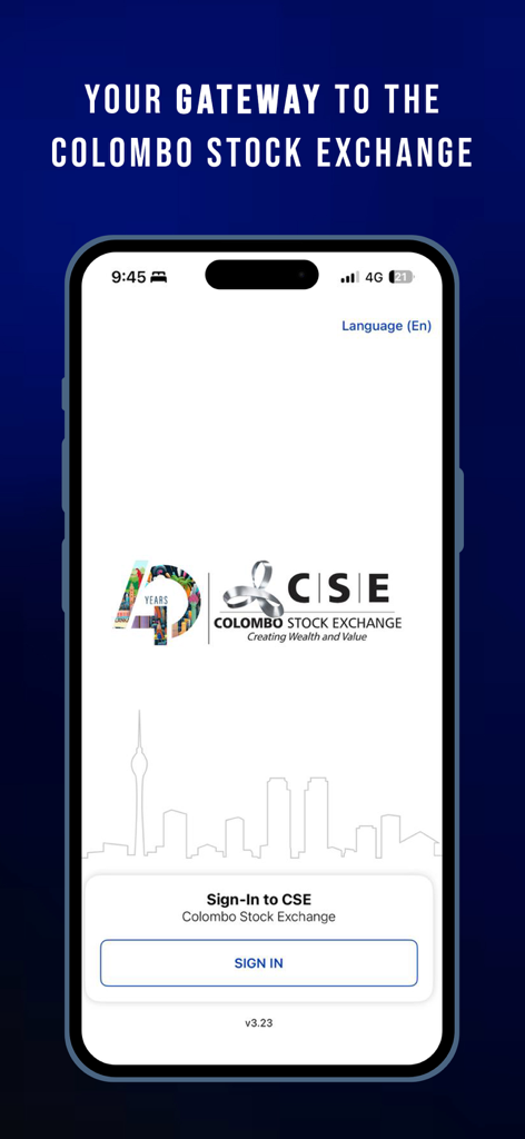 CSE Mobile App - CSE Mobile App login screen with Colombo Stock Exchange logo and sign-in button