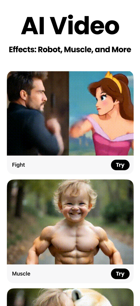 Owen 3 app screen displaying AI video transformation effects like cartoon filters and muscle enhancements