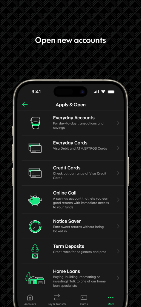 Kiwibank app screen for opening new banking accounts and applying for cards