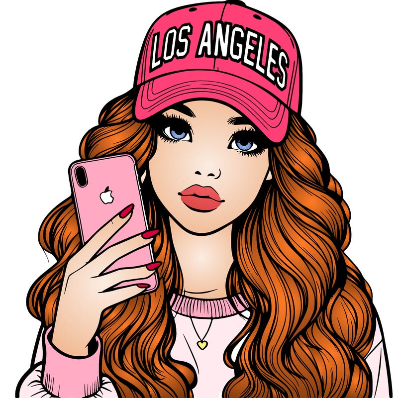 realistic beautiful girl wearing los ángeles cap holding an iphone
