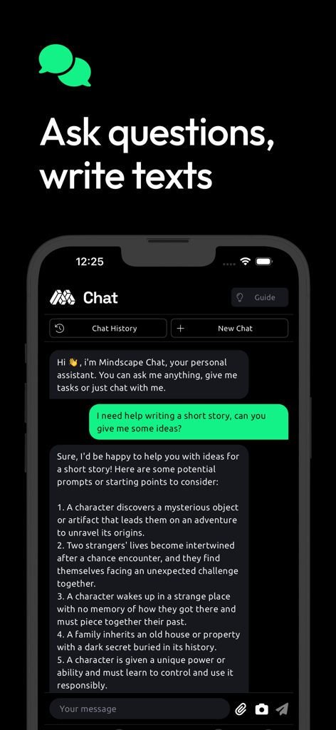 Mindscape AI - Art Generator - Mindscape AI mobile chat interface showing creative story writing prompts