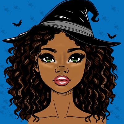 realistic black girl with wavy hair and witch hat and nose and lips