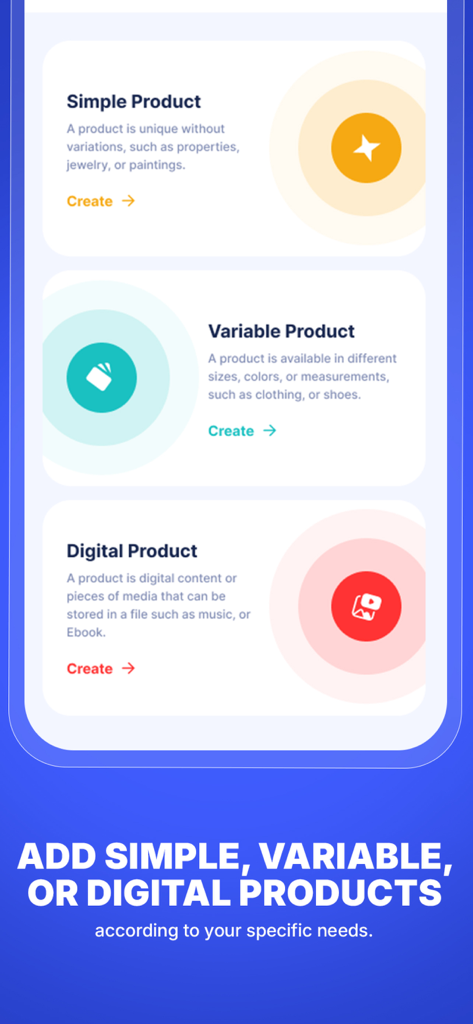 Vepaar app interface showing options to create simple, variable, and digital products for an online store.
