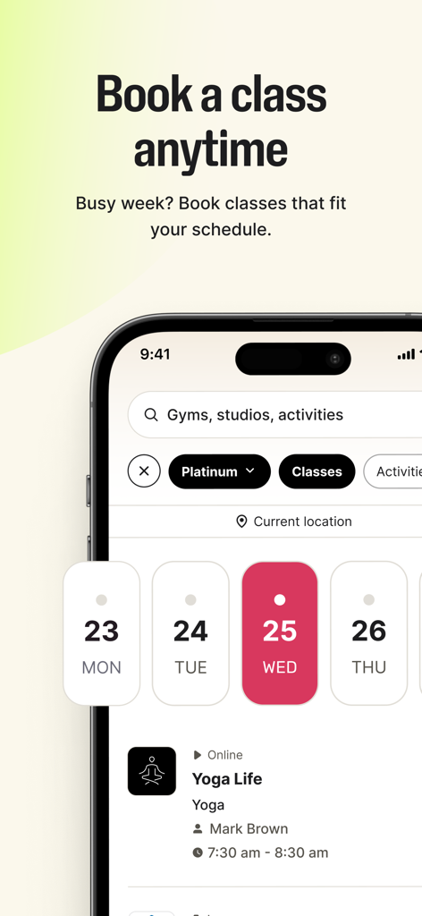 Pantalla de la app Wellhub mostrando la interfaz para reservar clases de fitness con un calendario y detalles de la sesión.
