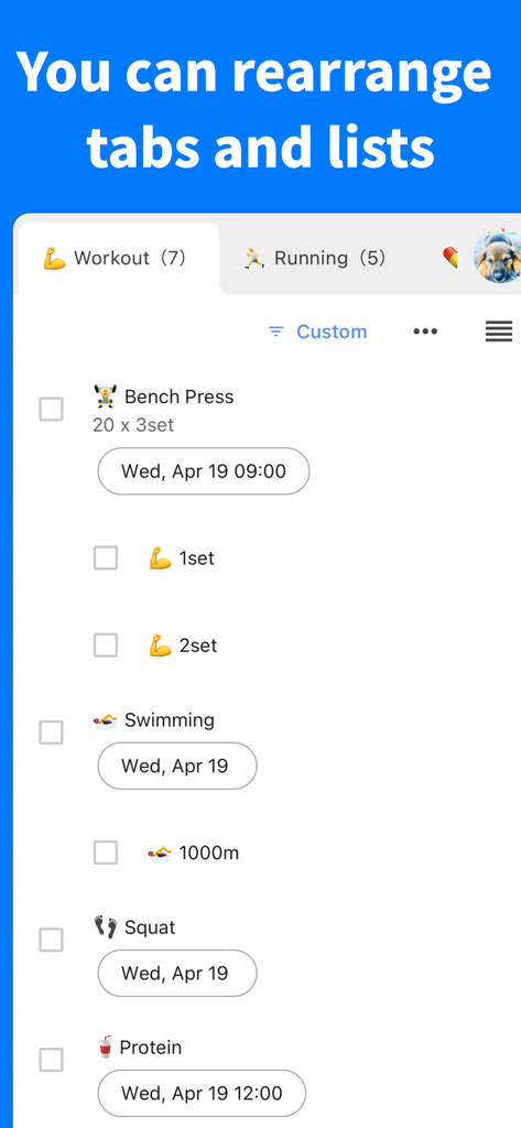 Interfaz de gestión de tareas que muestra pestañas personalizables de entrenamiento y carrera con una lista de tareas de fitness