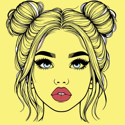 realistic girl with two buns on her hair and lips