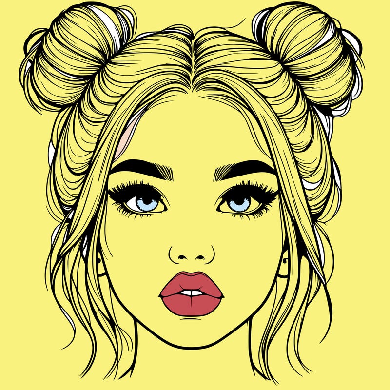 realistic girl with two buns on her hair and lips