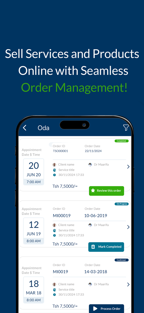 TanzMED Business app interface for managing healthcare service orders and appointments