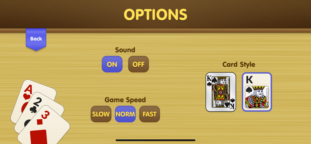 Spades ∙ - Options screen of the Spades app showing sound, game speed, and card style settings.
