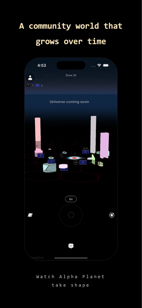 A preview of the Fancian app showing the Alpha Planet virtual world with 3D buildings and exploration controls.