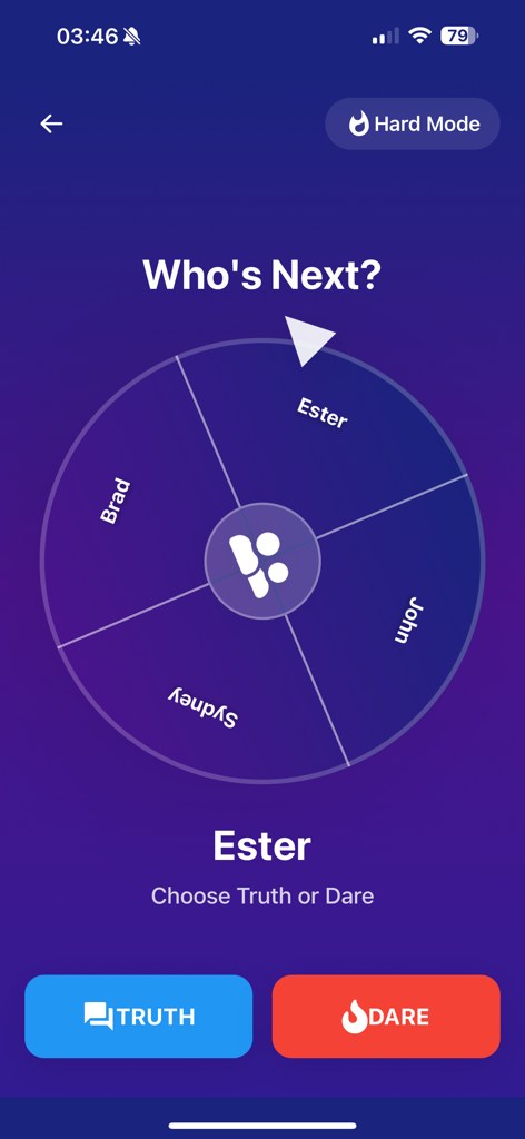 Schermata della ruota del gioco Verità o Sfida che mostra la selezione del giocatore e le modalità di gioco.