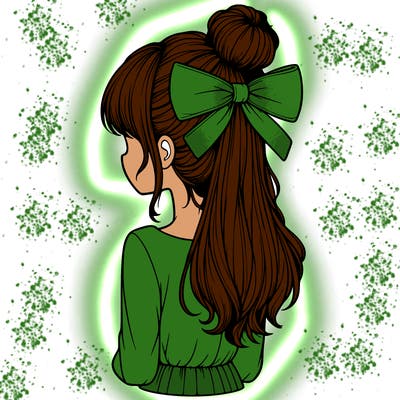 realistic girl  with hip length hair a bun and a big bow on the back of head