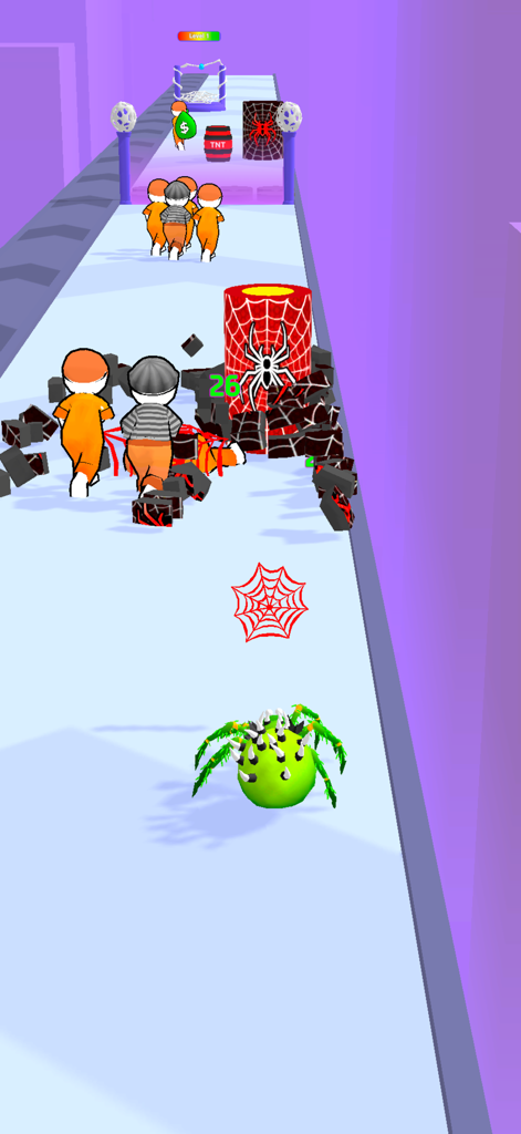 Spider Evolve n Shoot - An evolved green spider shooting webs and breaking obstacles in a 3D runner game level