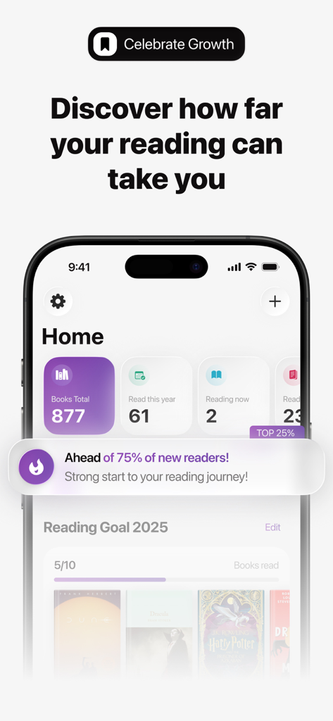 Library of me | Book tracker - Aesthetic dashboard of the Library of Me app showing reading statistics and yearly goal progress