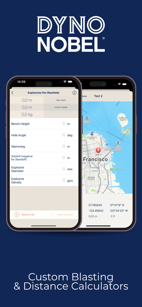 Dyno Nobel app interface showing custom explosives per blasthole calculator and GPS location mapping