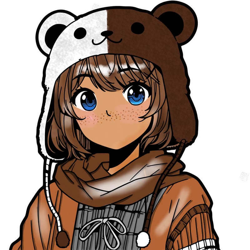 girl with bear hat, and shoulder showing, and anime face