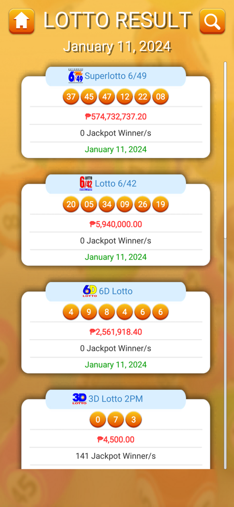 Pinoy Lotto Draw - App interface displaying daily Philippine lotto winning numbers and jackpot amounts.