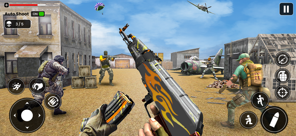 FPS Strike Modern Battle Force - First-person perspective of a shooter game with a custom flame patterned rifle on a modern battlefield