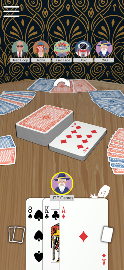 Gioco di carte digitale Crazy Eights che mostra una mano di carte e avatar dei giocatori.