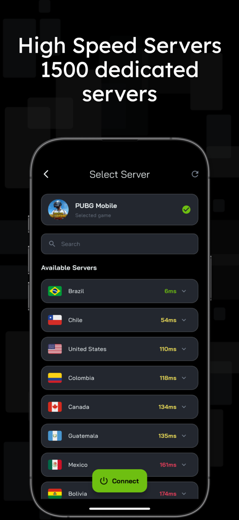 NoPing app interface showing a list of dedicated high-speed servers with latency times for PUBG Mobile.