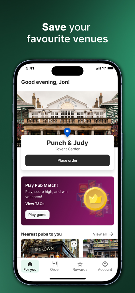 Greene King app interface showing local pub selection and gamified rewards section.