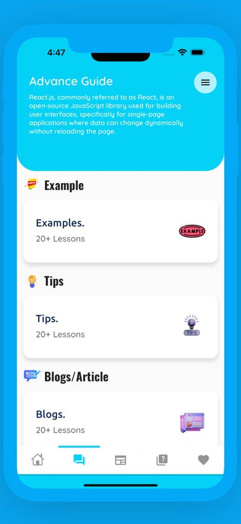 Fortgeschrittene Leitbildschirm in der ReactJS Programming App mit Lektionskategorien für Beispiele, Tipps und Blogs.