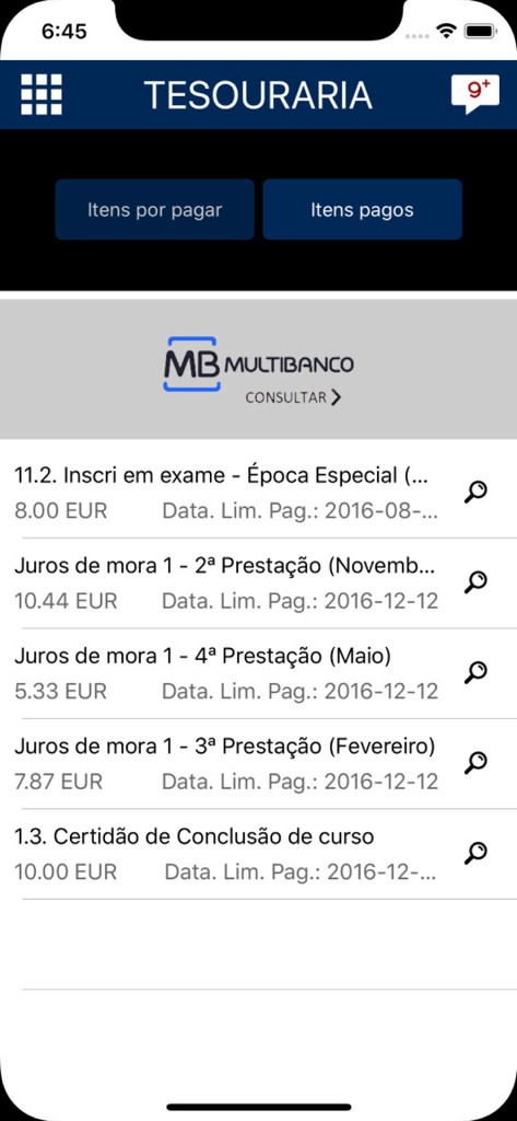 Screenshot of the treasury section in the ISCTEM Mobile app showing a list of pending payments