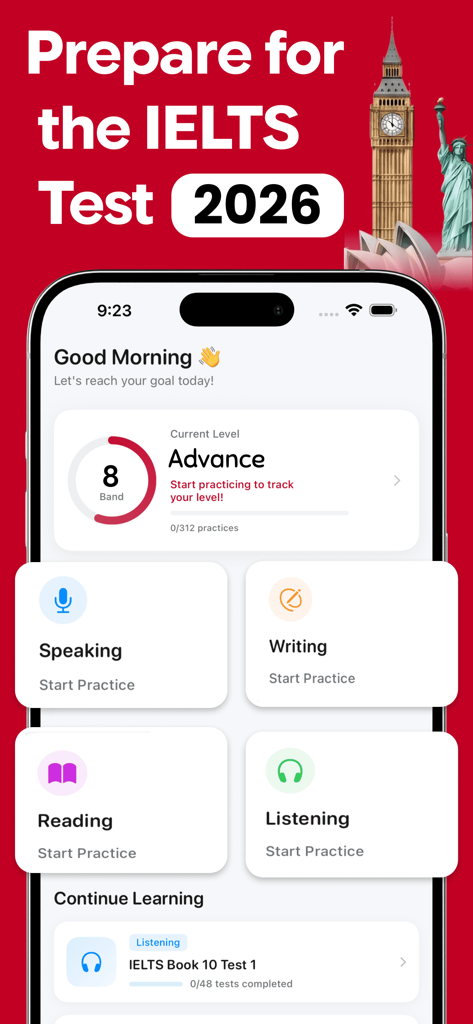 IELTS Prep App home screen showing band score tracking and study modules for speaking writing reading and listening
