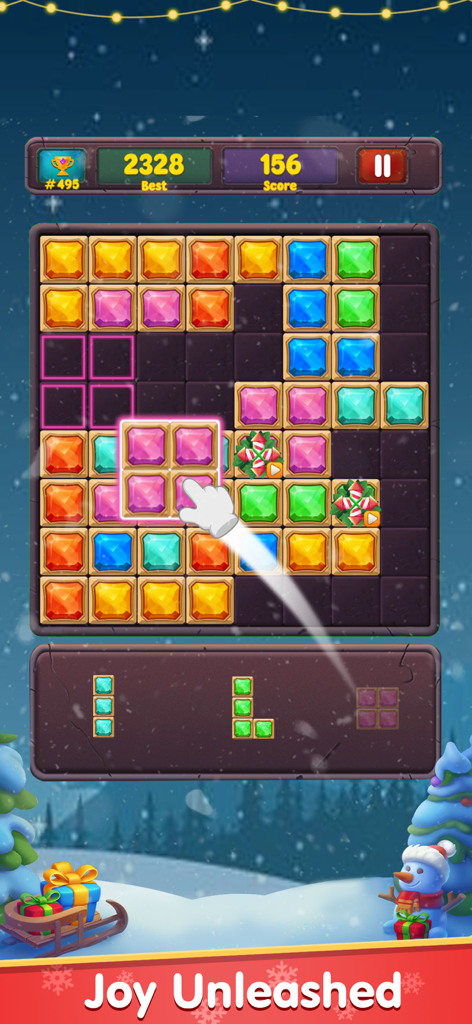 Block Puzzle Z Classic 1010 - Gameplay screenshot of Block Puzzle Z featuring jewel-style blocks on a 10x10 grid with a winter snowy background and a snowman.