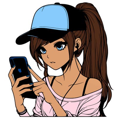 realistic girl with a long ponytail and trucker hat holding an iphone