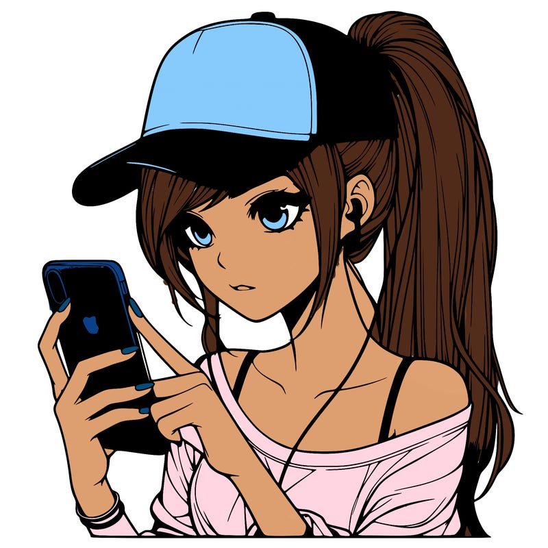 realistic girl with a long ponytail and trucker hat holding an iphone