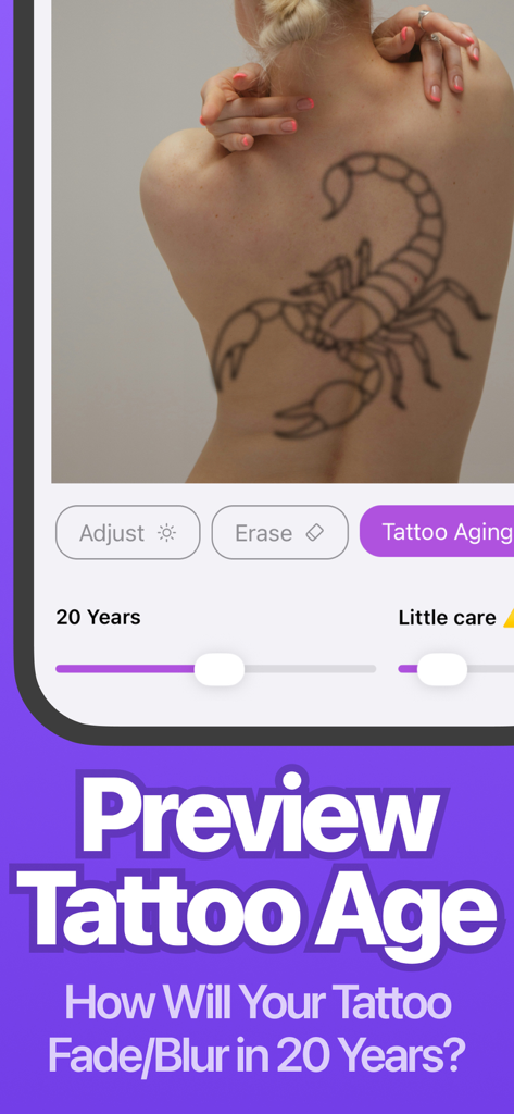 AI Tattoo Generator: Flashes - A mobile app interface showing a 20 year aging simulation of a scorpion tattoo on a person's back